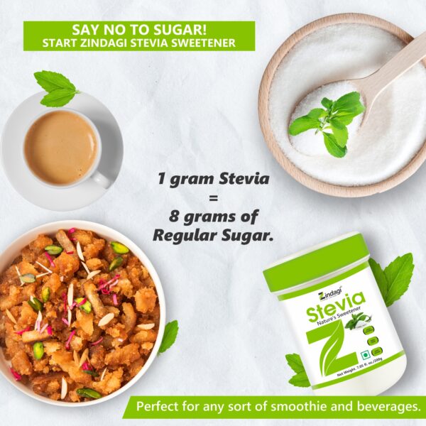 1 gm Zindagi stevia sugar substitute is equal to 1 teaspoon of sugar