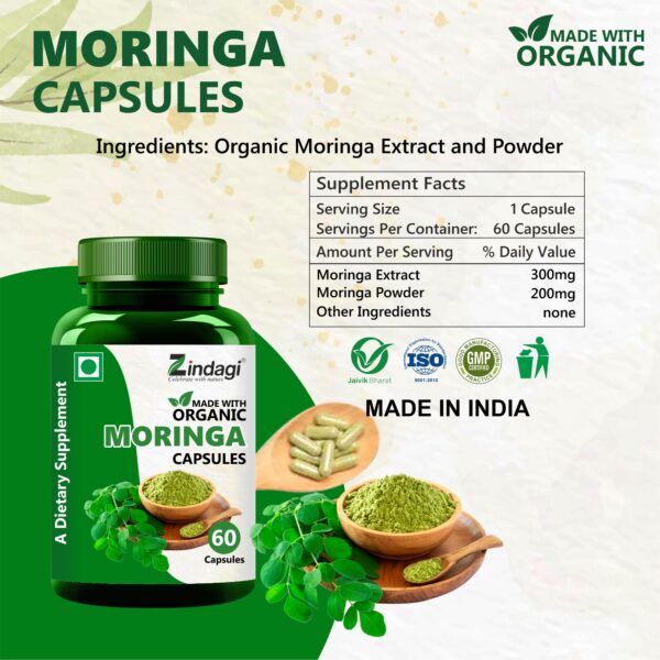 Organic Moringa Capsules for Enhanced Vitality and Wellness - 60 Count