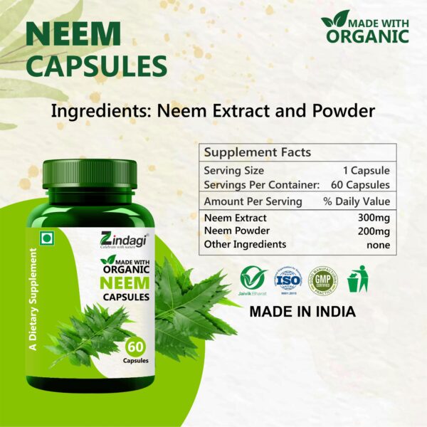 Organic Neem Capsules for Skin Health and Immune Boost , With supplement facts